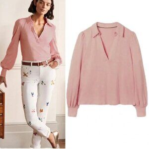 Boden Blush Pink Collared Notch Neck Cotton Knit Top in Milkshake - 8